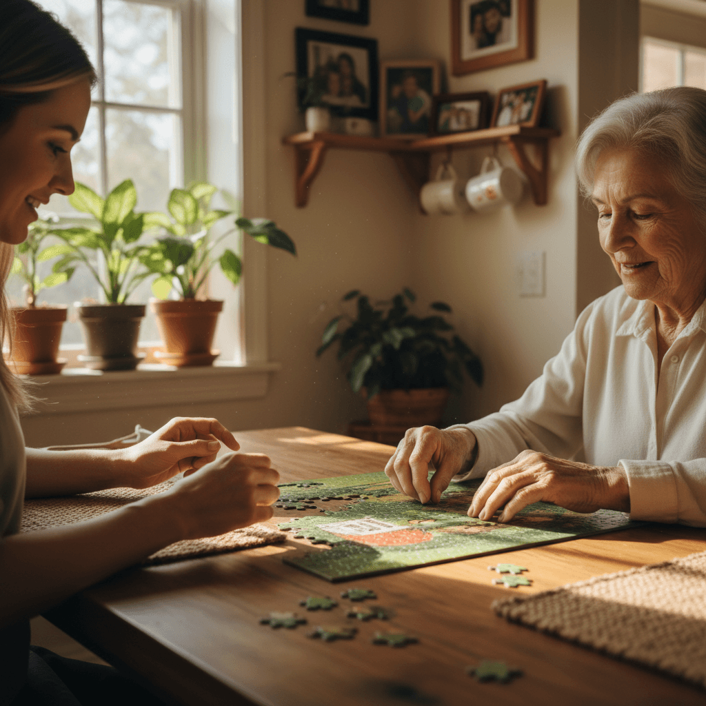 Caregiver and senior woman enjoying companionship at home